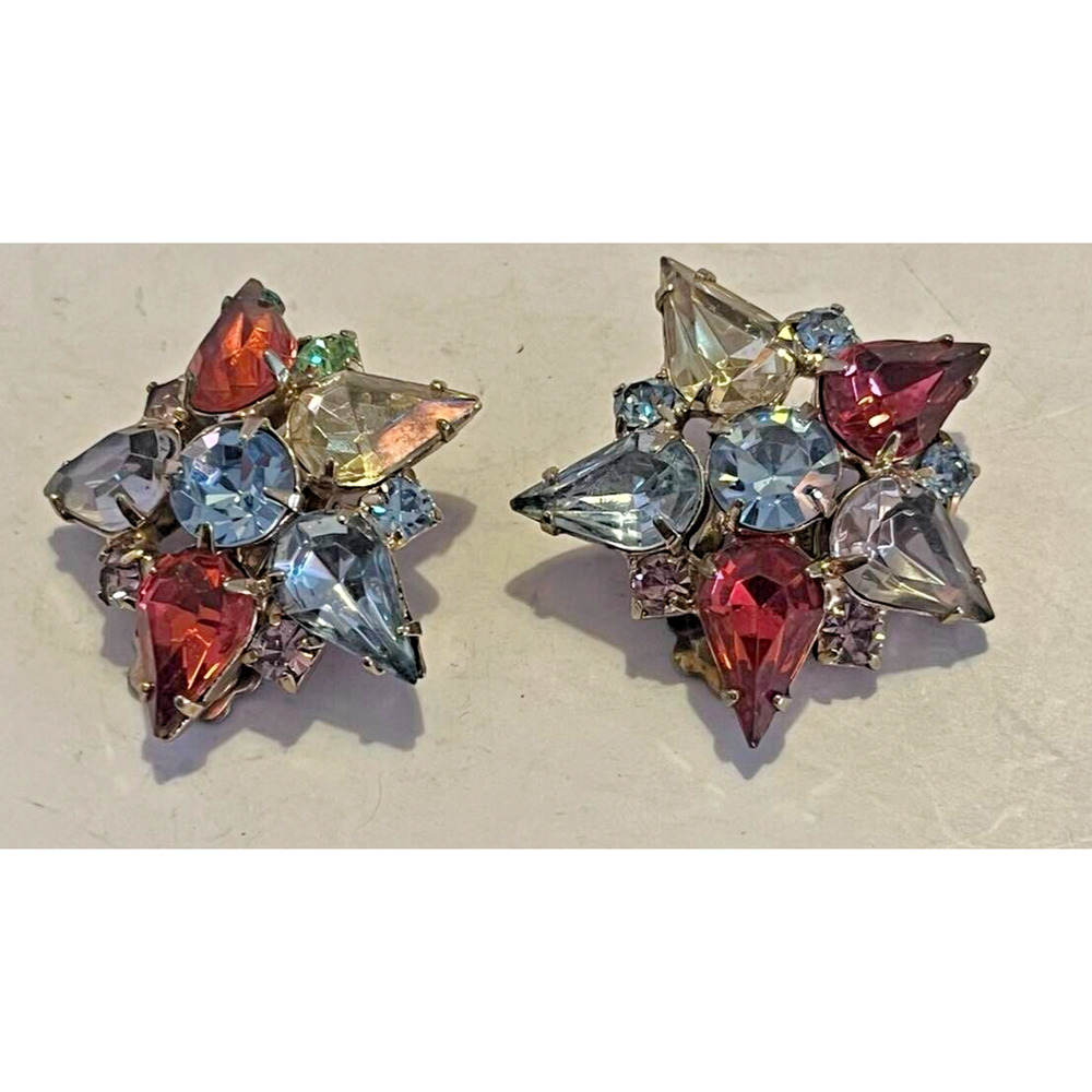 Star Vintage Mid Century Chunky Rhinestone Multi Color Clip Earrings